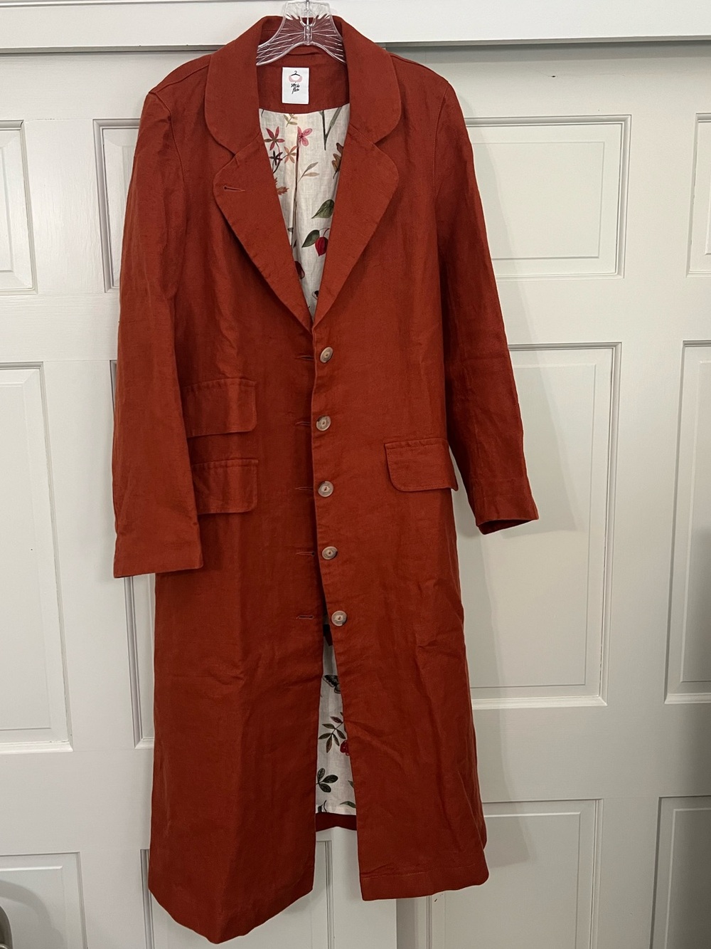 Son de Flor Rust Long Linen Blend Trench Coat with Botanical liner - S/XS